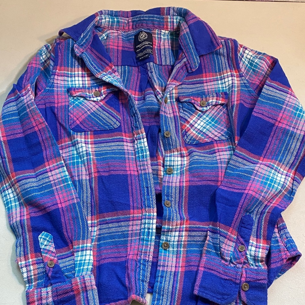 American Eagle Outfitters Purple Pink Blue Plaid Button-Up Shirt